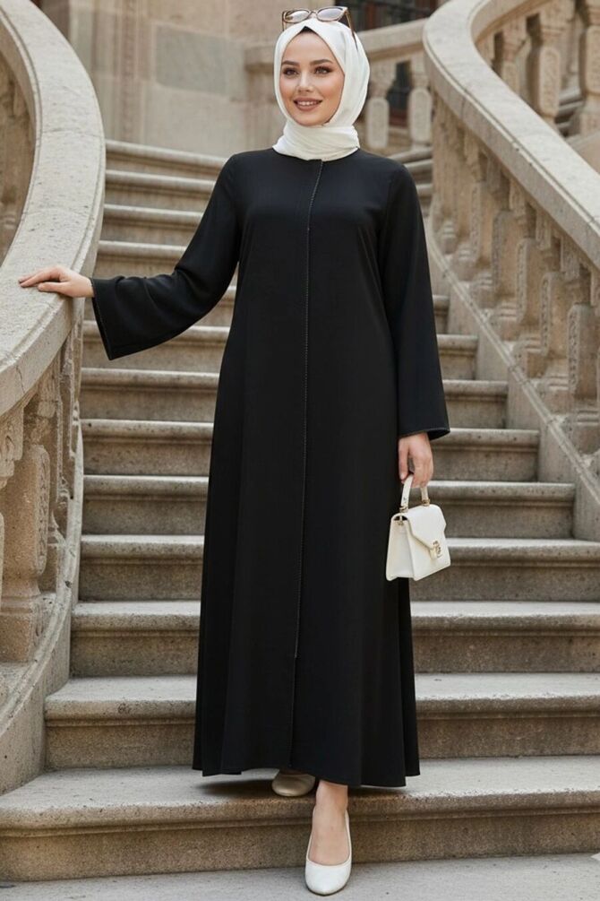 Zip-Front Black Modest Abaya 85107S - 1