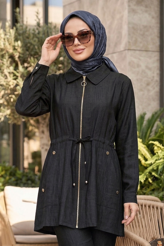 Zip-Front Black Modest Coat 15221S - 1