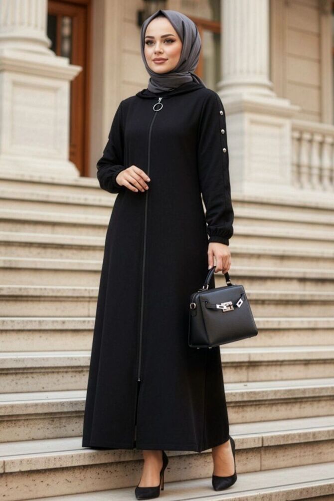 Zip-Front Black Modest Coat 53931S - 1