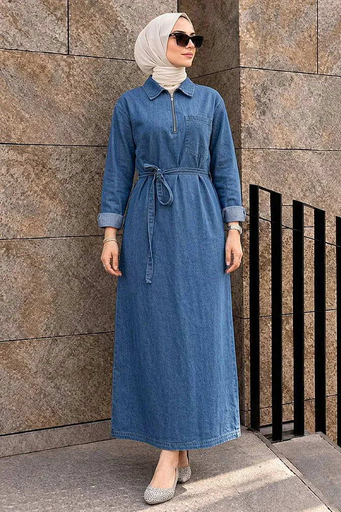 Zip-Front Blue Denim Modest Dress 19052M - 1