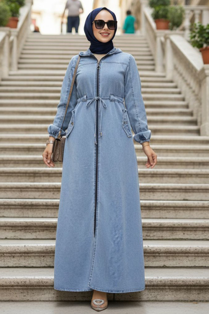 Zip-Front Blue Modest Denim Dress 19170M - 1