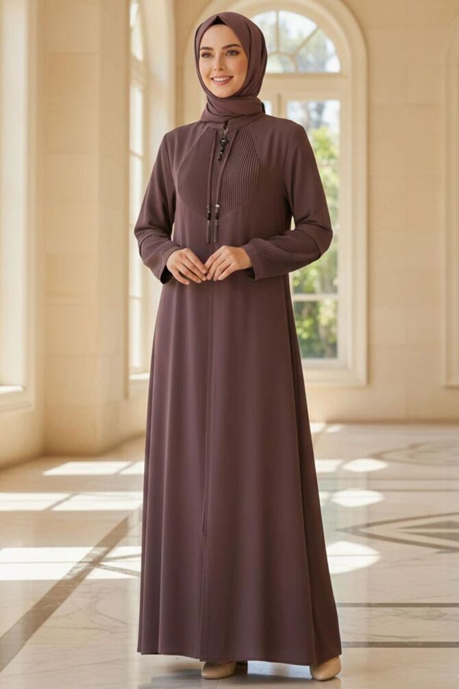 Zip-Front Brown Modest Abaya 45298KH - 1