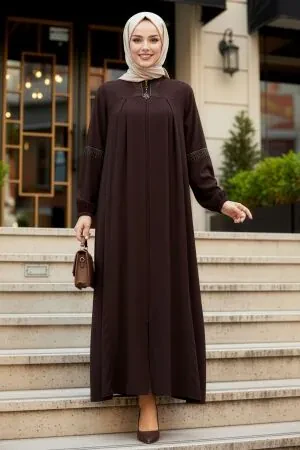 Zip-Front Brown Modest Abaya 45299KH - 1