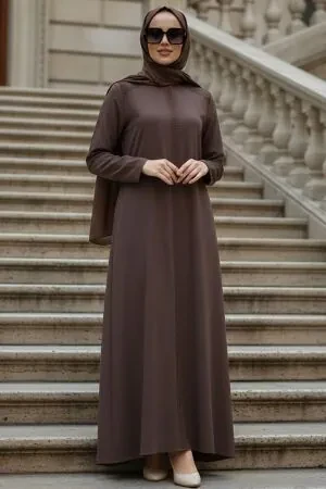 Zip-Front Brown Modest Abaya 45312KH 