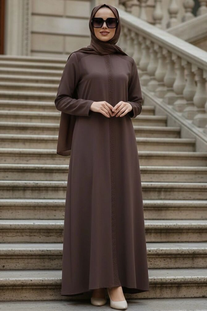 Zip-Front Brown Modest Abaya 45312KH - 1
