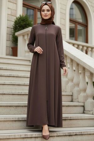 Zip-Front Brown Modest Abaya 45319KH 