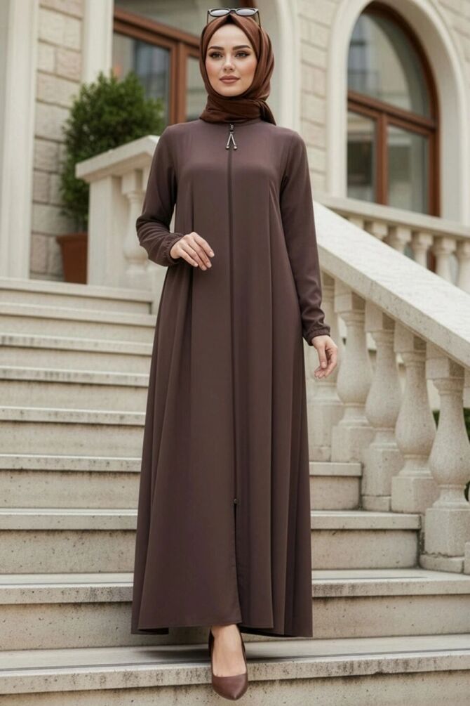 Zip-Front Brown Modest Abaya 45319KH - 1
