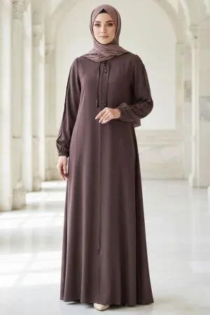 Zip-Front Brown Modest Abaya 45320KH 