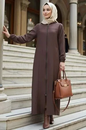 Zip-Front Brown Modest Coat 53931KH 