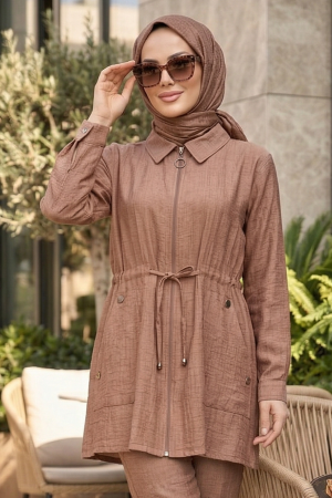 Zip-Front Camel Modest Coat 15221C - 1