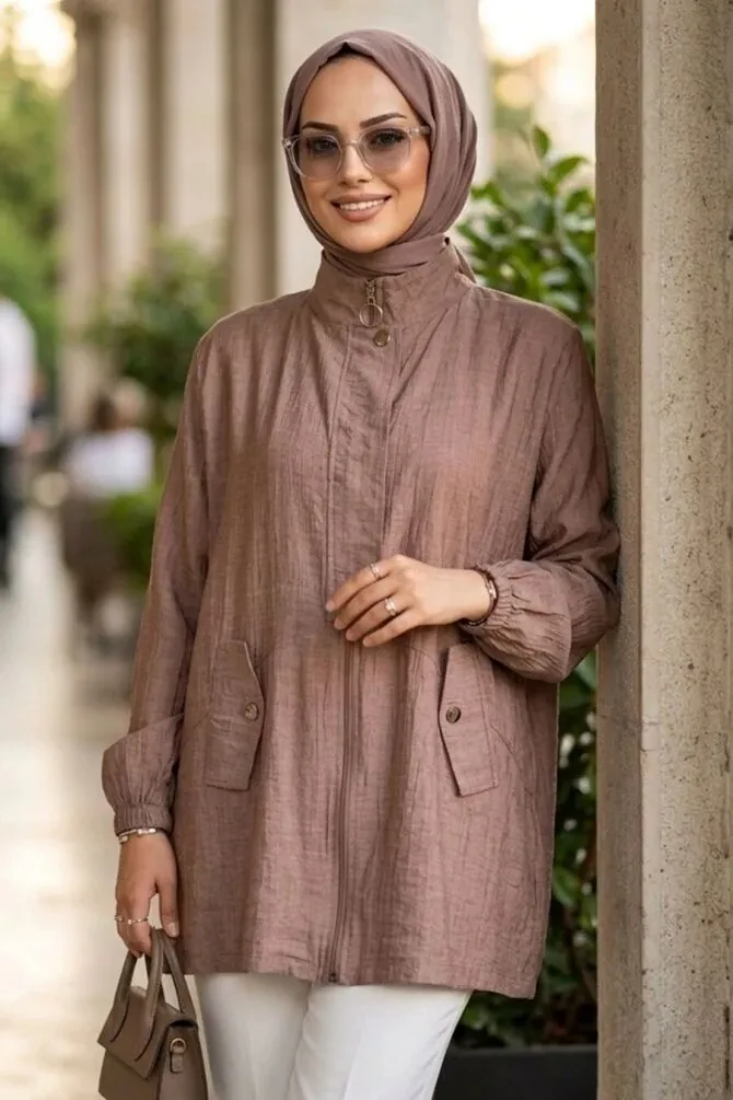 Zip-Front Camel Modest Tunic 15291C - 1