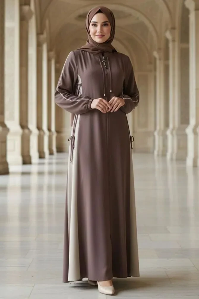 Zip-Front Dark Brown Modest Abaya 45308KKH - 1