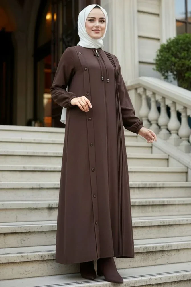 Zip-Front Dark Brown Modest Abaya 45309KKH - 1