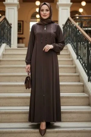 Zip-Front Dark Brown Modest Abaya 45311KKH - 1