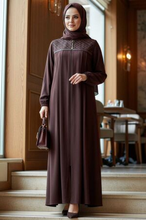 Zip-Front Dark Brown Modest Abaya 45313KKH 
