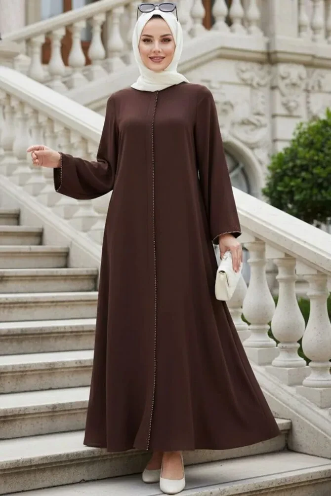 Zip-Front Dark Brown Modest Abaya 85107KKH - 1