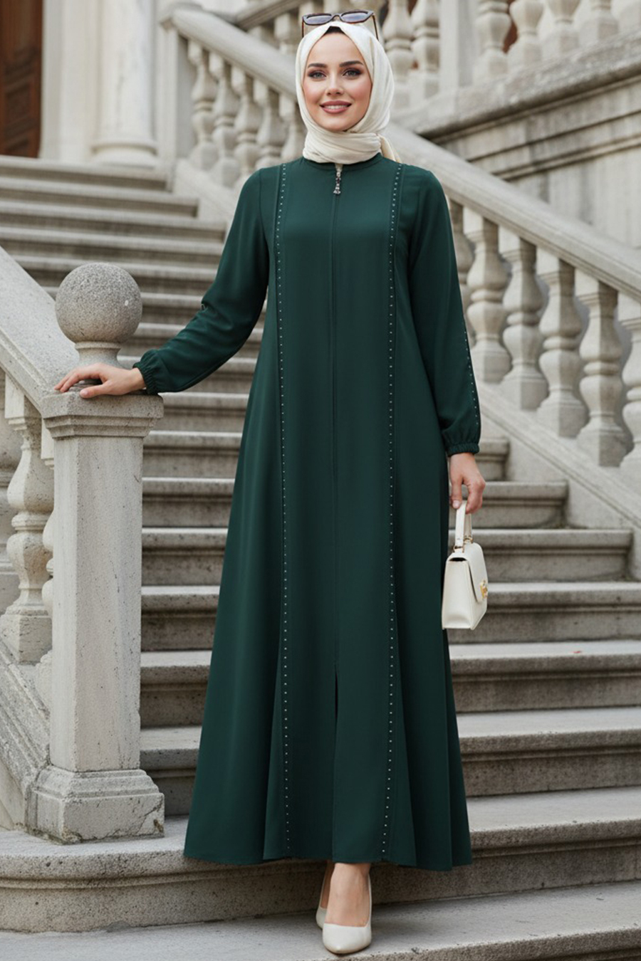 Zip-Front Emerald Green Modest Abaya 45317ZY - neva-style.com