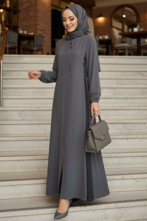 Zip-Front Gray Modest Abaya 45308GR - neva-style.com