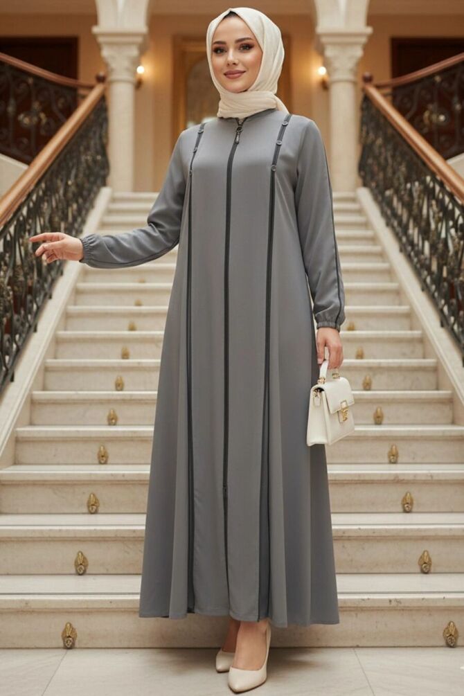 Zip-Front Gray Modest Abaya 45316GR - 1
