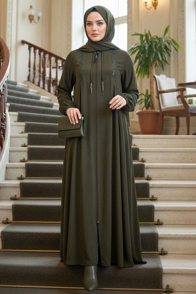 Zip-Front Khaki Modest Abaya 45311HK - 1