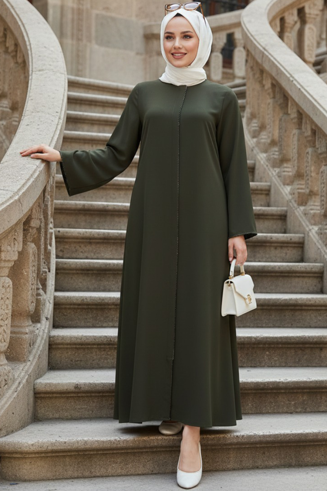 Zip-Front Khaki Modest Abaya 85107HK - 1
