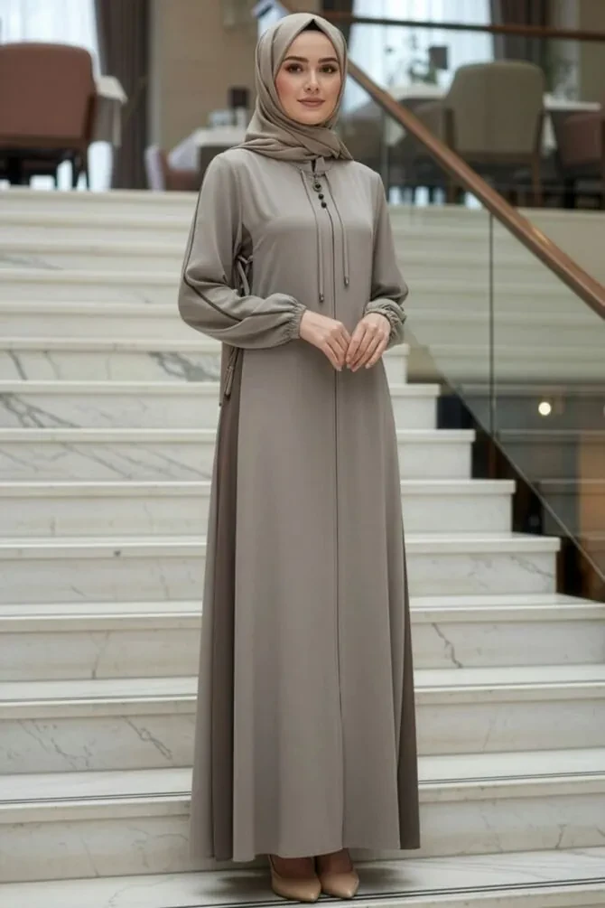Zip-Front Koyu Beige Modest Abaya 45308KBEJ - 1