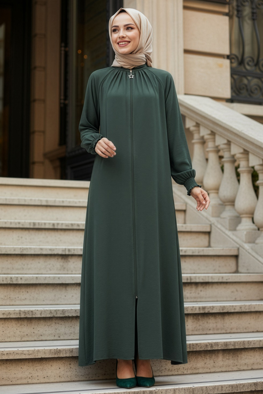 Zip-Front Koyu Mint Modest Abaya 45293KMINT - neva-style.com