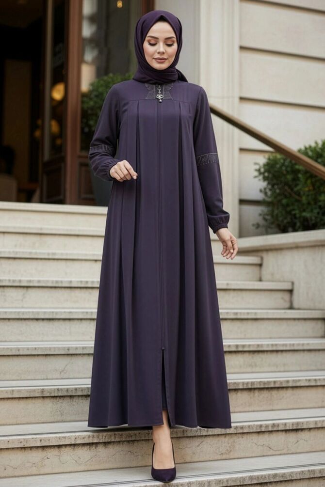 Zip-Front Koyu Smoke Modest Abaya 45299KFU - 1
