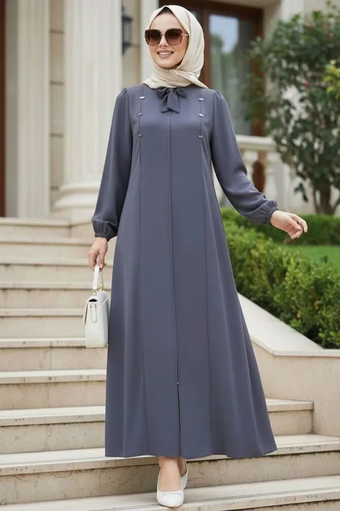 Zip-Front Koyu Smoke Modest Abaya 85102KFU - 1