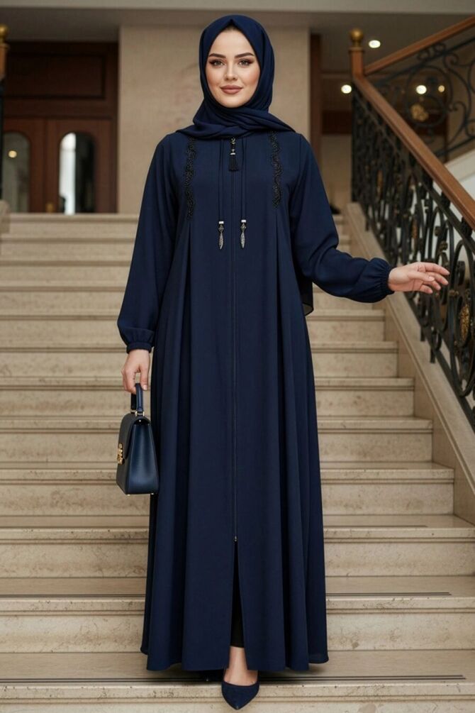 Zip-Front Navy Blue Modest Abaya 45311L - 1