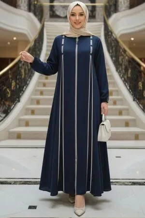 Zip-Front Navy Blue Modest Abaya 45316L - 1