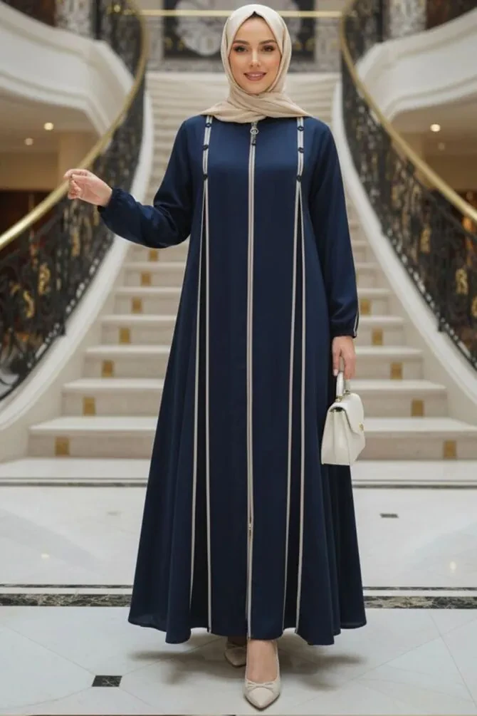 Zip-Front Navy Blue Modest Abaya 45316L - 1