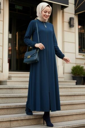 Zip-Front Navy Blue Modest Abaya 45319L 