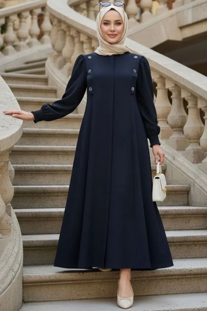 Zip-Front Navy Blue Modest Abaya 85106L - 1