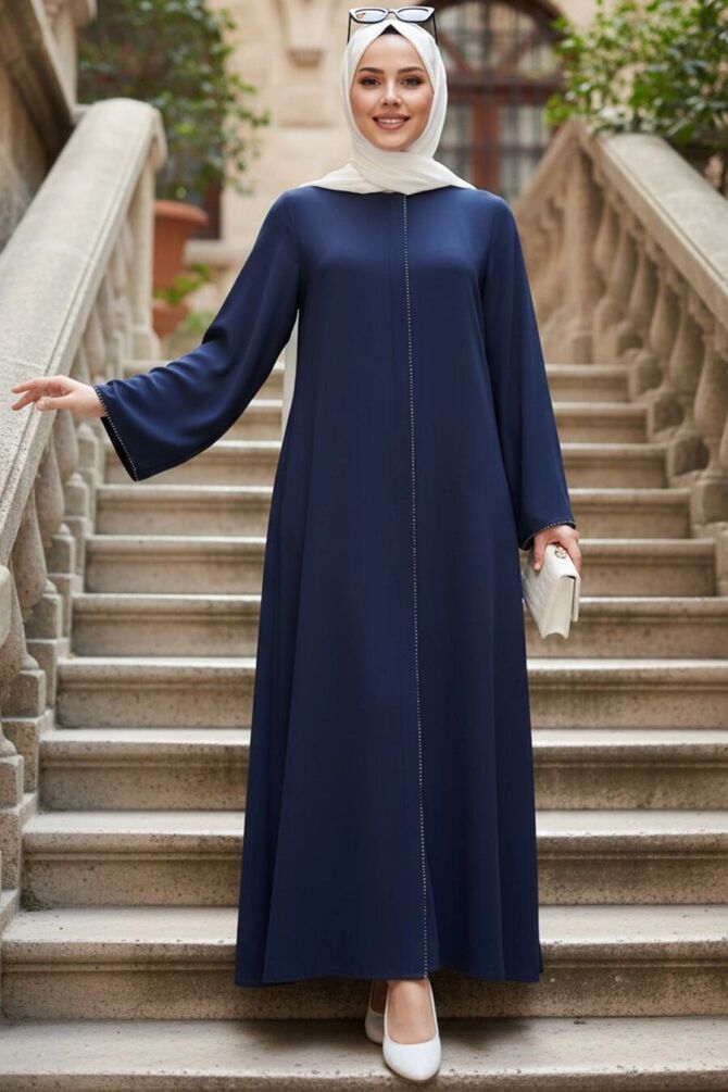 Zip-Front Navy Blue Modest Abaya 85107L - 1