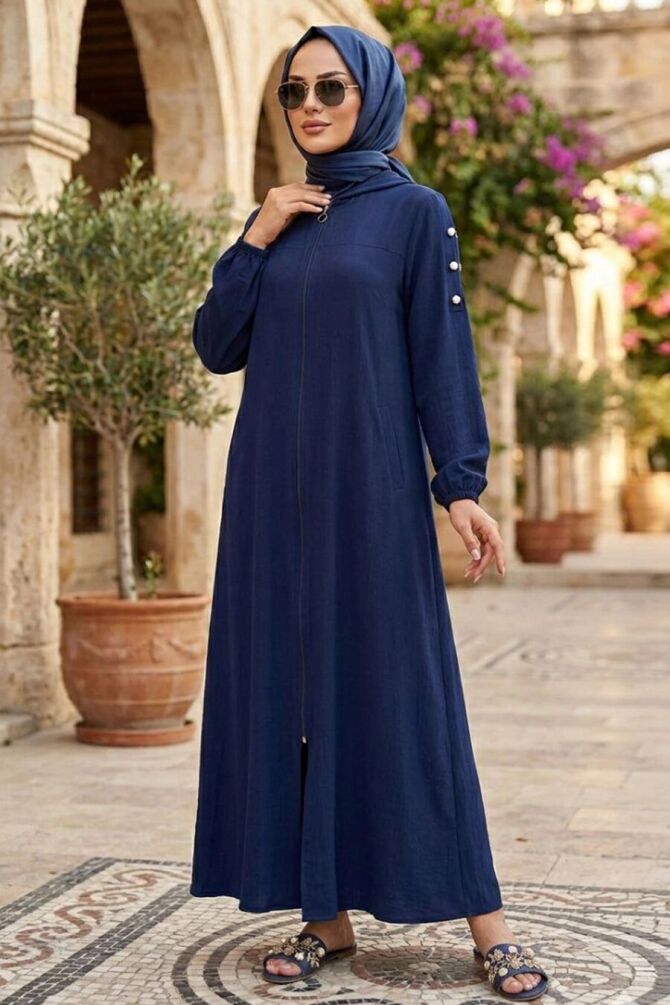 Zip-Front Navy Blue Modest Coat 53931L - 1