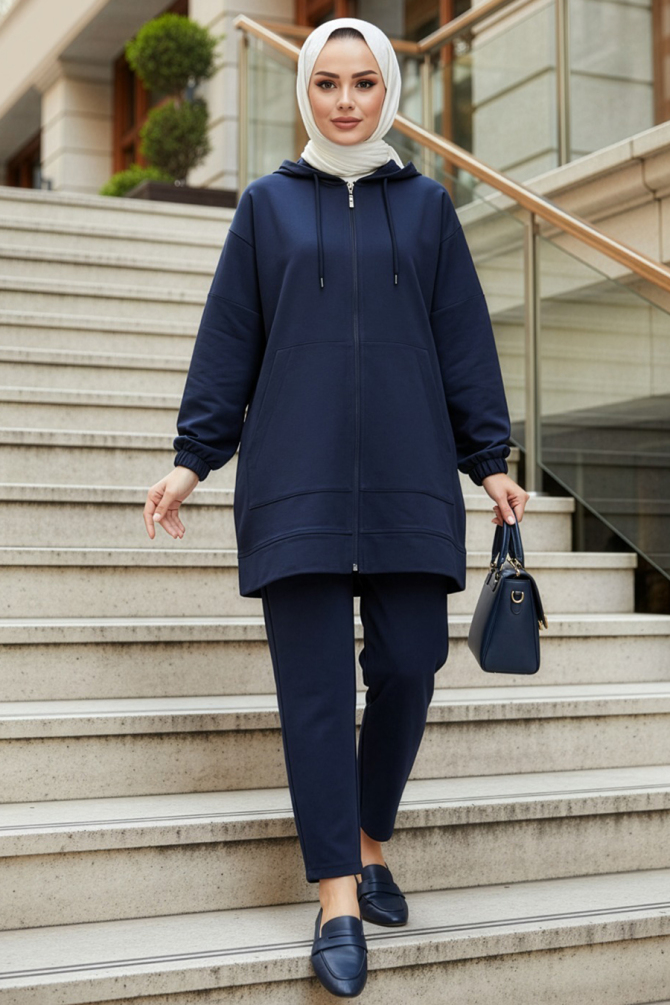 Zip-Front Navy Blue Modest Two-Piece Set 10400L - N.S NEVA STYLE