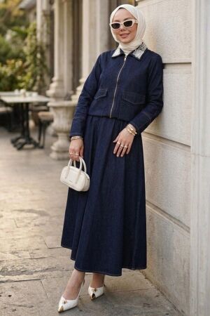 Zip-Front Navy Blue Skirted Modest Denim Two-Piece Set 10063L - 1