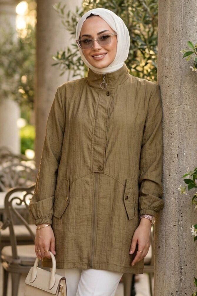 Zip-Front Oil Green Modest Tunic 15291YY - 1