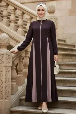 Zip-Front Plum Modest Abaya 45288MU 