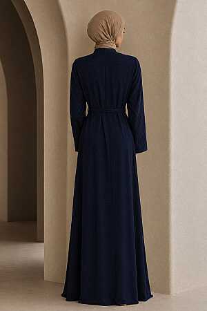 Zip-Front Sashed Navy Blue Rabia Fabric Modest Abaya 29135L - 2