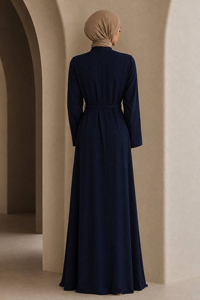 Zip-Front Sashed Navy Blue Rabia Fabric Modest Abaya 29135L - 2