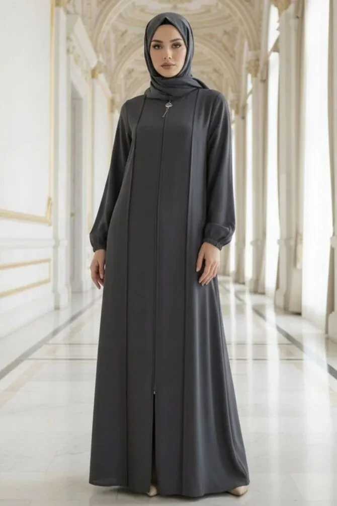 Zip-Front Smoke Modest Abaya 45307FU - 1