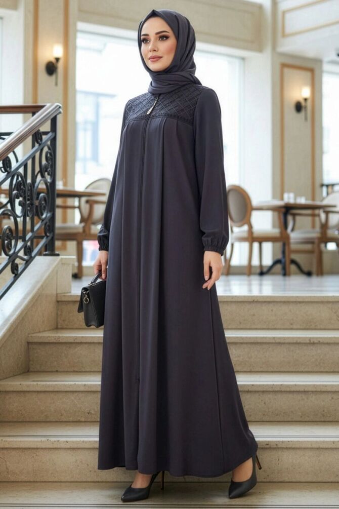 Zip-Front Smoke Modest Abaya 45313FU - 1