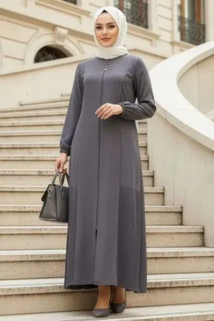 Zip-Front Smoke Modest Abaya 45315FU 