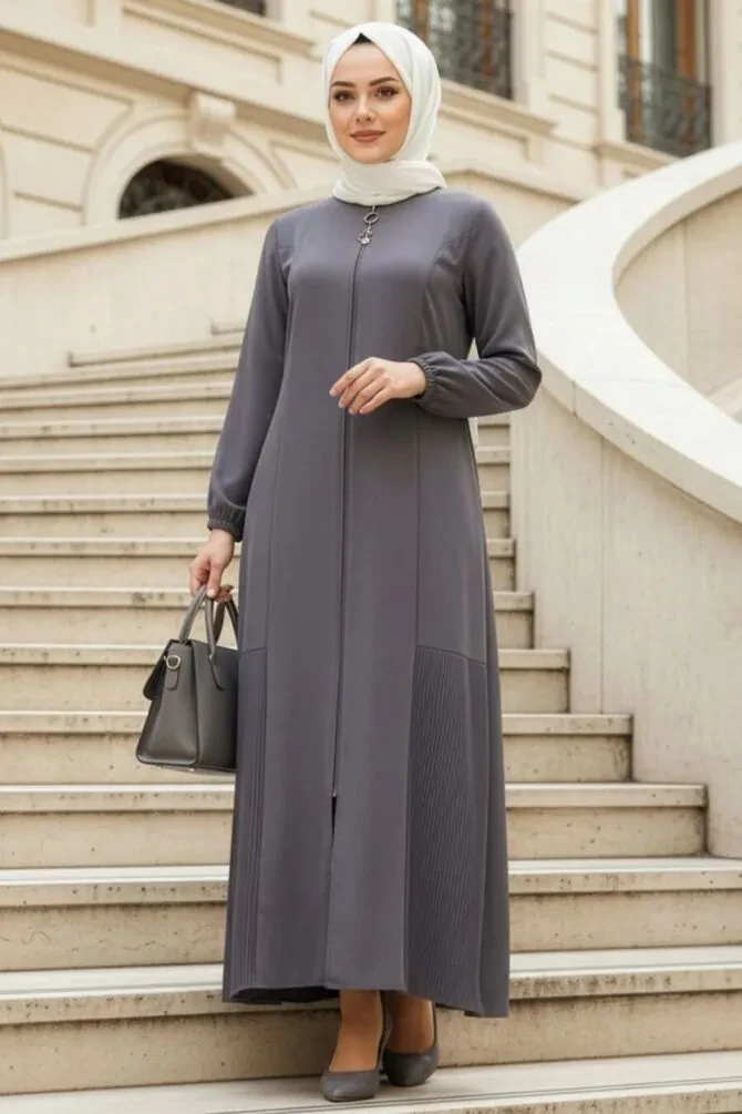 Zip-Front Smoke Modest Abaya 45315FU - 1