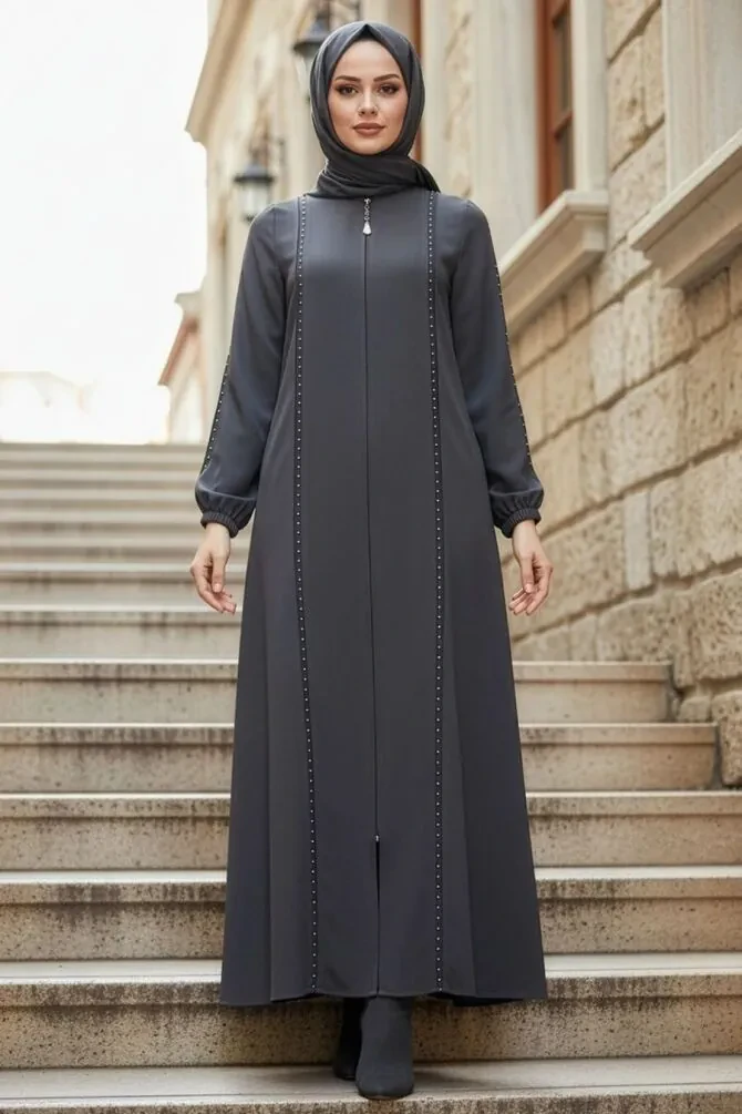Zip-Front Smoke Modest Abaya 45317FU - 1