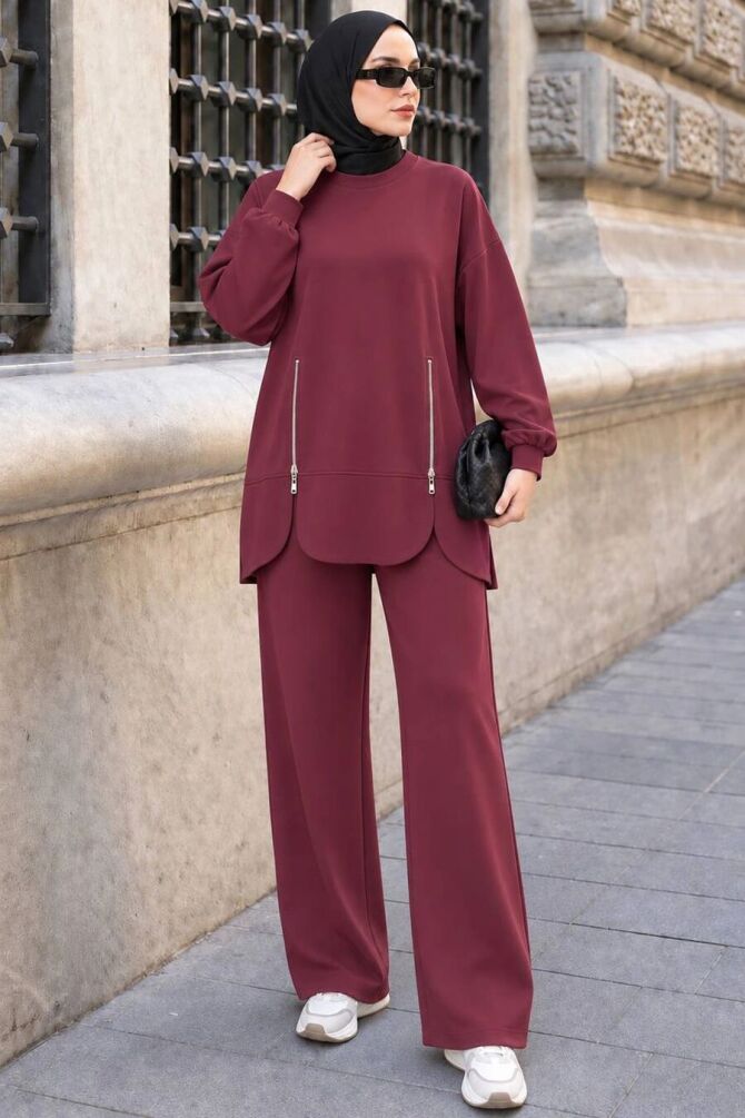 Zip-Pocket Detail Oysho Fabric Cherry Modest Trouser Set 3040VSN - 1