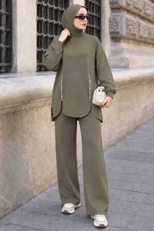 Zip-Pocket Detail Oysho Fabric Light Khaki Modest Trouser Set 3040AHK - 1