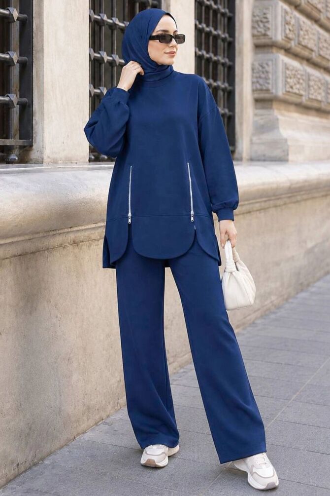 Zip-Pocket Detail Oysho Fabric Navy Modest Trouser Set 3040L - 1